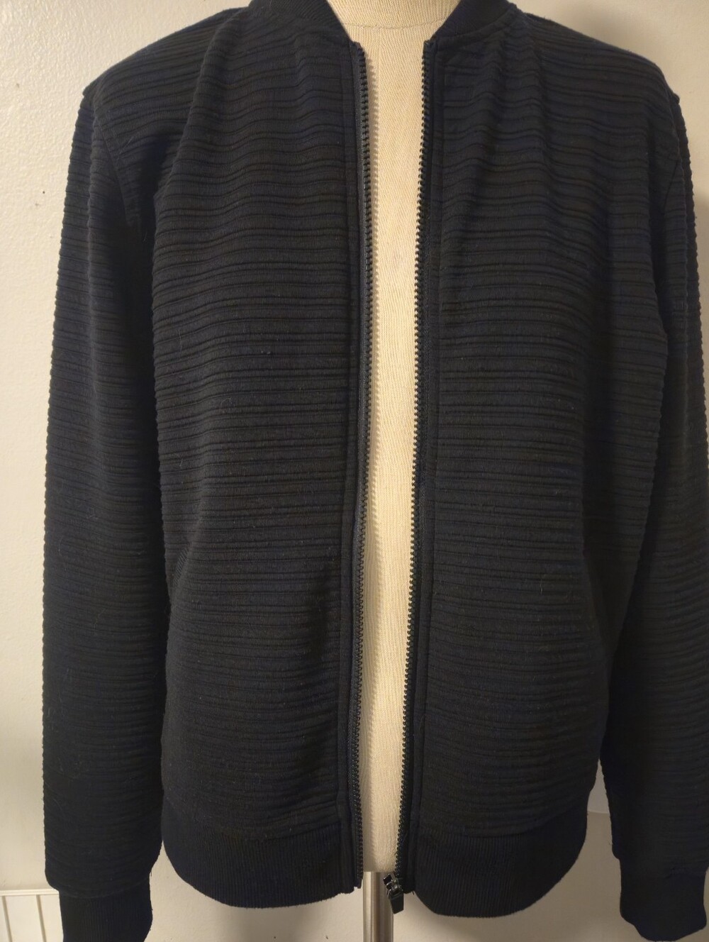 Womens Black Long Sleeve Zip-front Ribbed Sweater Jacket Medium